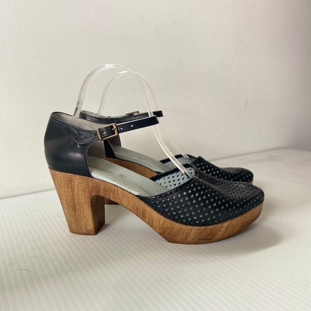 Eric Michael Sadie Mary Jane Black Perforated Leather Wood Heels Women 41 10
